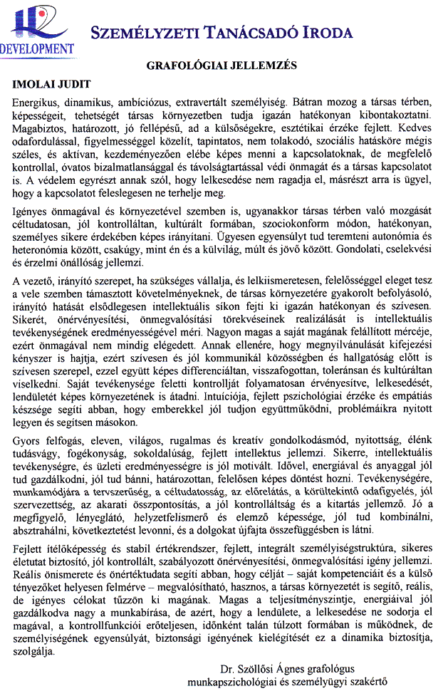 Imolai Judit grafol�giai jellemz�se
